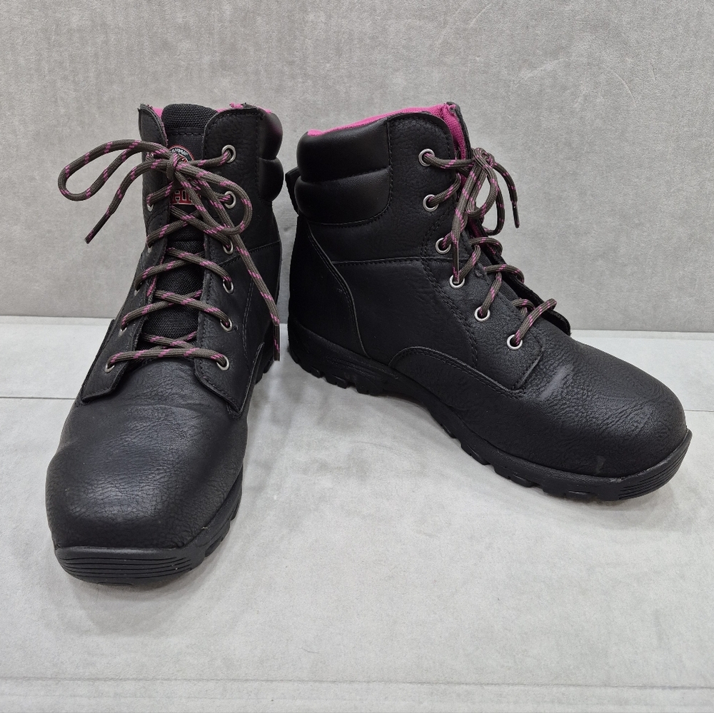 Brahma work boots women's size 10 black pink steel toe padded ankle